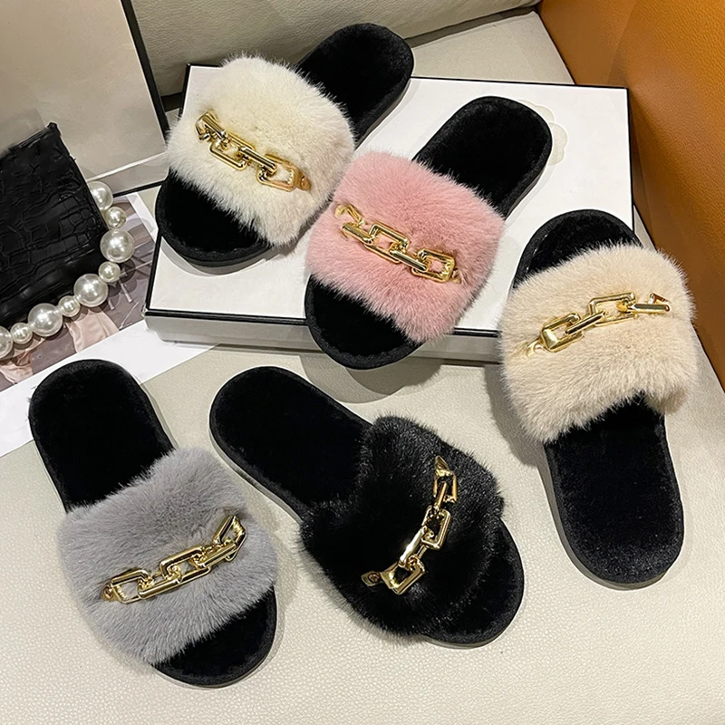 Fluffy Slippers Home Winter Casual Chain Designer Shoes Women 2024 Indoor Platform Plush Slides Girls Fashion Elegant Large Size