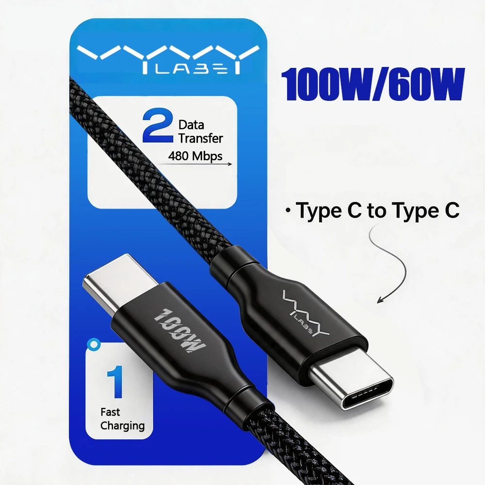 VYVYLABS 1-3PCS Cable de Carga Rápida de 100W/60W Tipo C a C para iPhone 17 16 15 Huawei Realme Oppo Oneplus Xiaomi Cable USB C