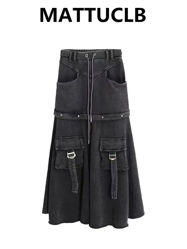 

Осень-зима 2022, женская японская модная джинсовая юбка миди в стиле Харадзюку, темная академия, кибер-панк, стиль 2000-х годов, Y2k, гранж-дизайн