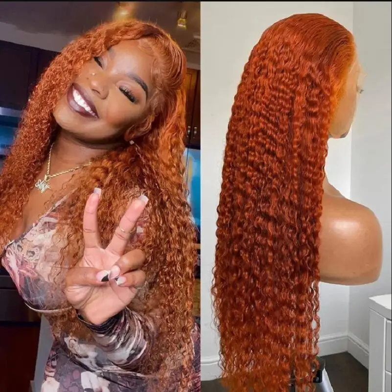 Kinky Curly Heat Resistant Soft 26 Inch 180Density Orange Lace Front Wig Matched All Sinks Babyhair Preplucked Glueless Daily