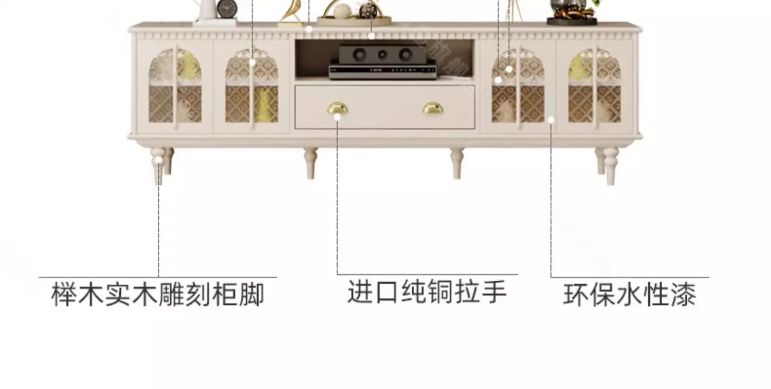 

Retro solid wood TV cabinet home living room against the wall glass belt black art light luxury