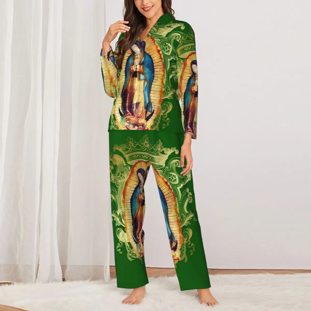 Virgin Mary Mexico Pajama Sets Autumn Our Lady of Guadalupe Cute Sleep Sleepwear Womens 2 Piece Vintage Oversized Nightwear