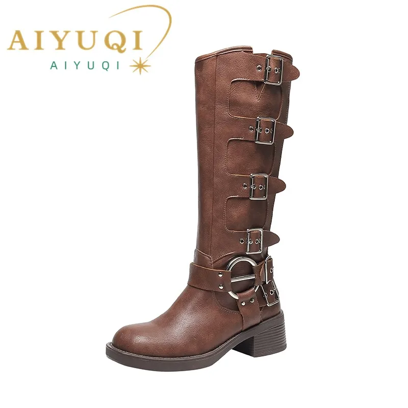 AIYUQI-botas vaqueras con hebilla de cinturón para mujer, botines largos de estilo británico Marton, talla grande 41 42 43, Otoño, 2024