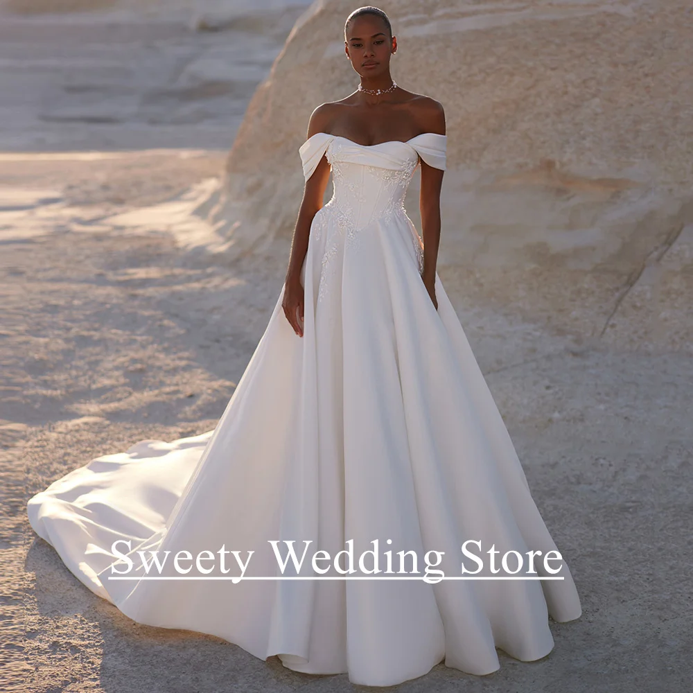 

Arabic Wedding Dresses for Woman Bride Customized Off The Shoulder Sweetheart Pleat Applique Court Train Bridal Gown Gelinlik