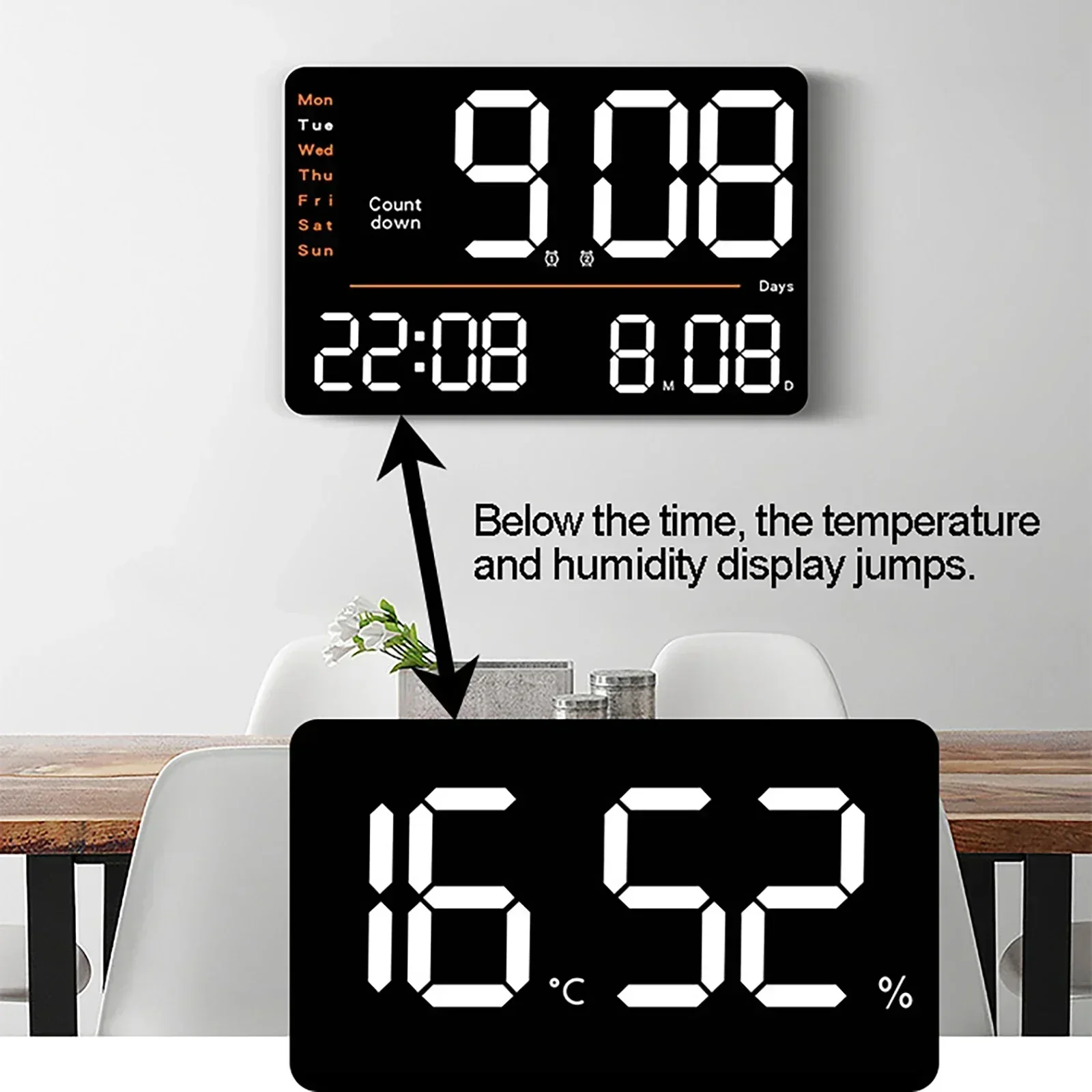 LED Large Digital Wall Clock Remote Control Temperature Date Week Display Adjustable Brightness Modern Living Room Alarms Clocks