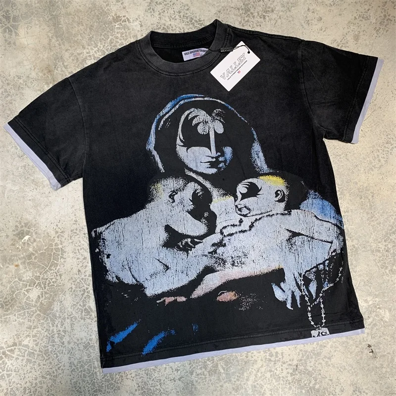 

Mother Baby Print VALLEY Black Washed Tshirts Men Women Pure Cotton American Retro Vale Oversized T Shirt
