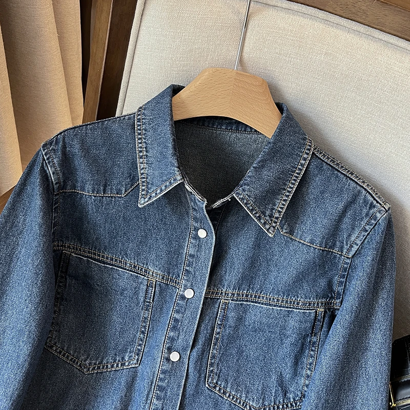 Slimming High Waist Denim irt Women's Loose Long Sve Turn-down Collar Double ket Single Button Autumn New Arrival