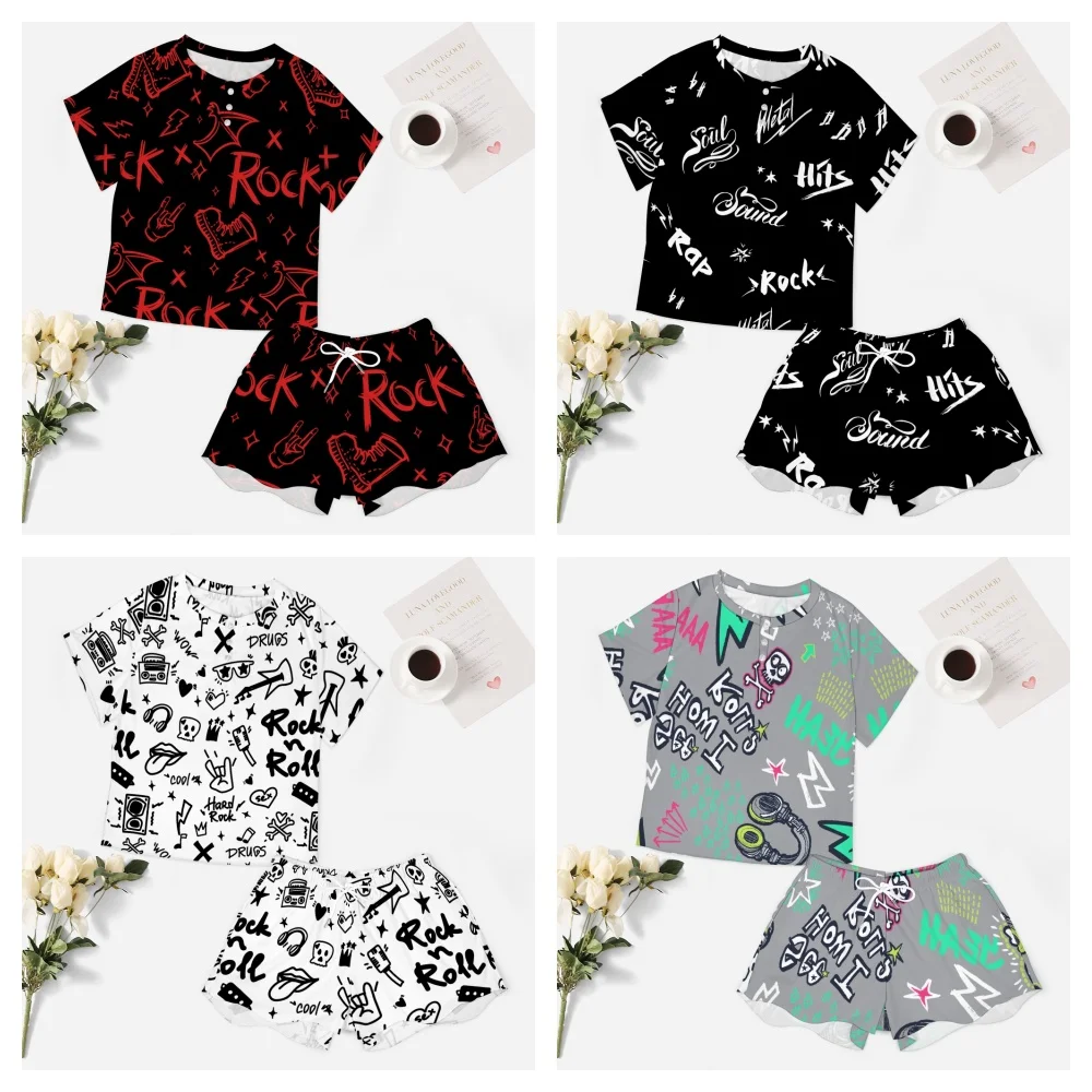 Conjunto de PJ feminino rock n roll, botão baixo, manga curta, botão frontal, roupa de dormir, loungewear, terno de verão, 2 peças