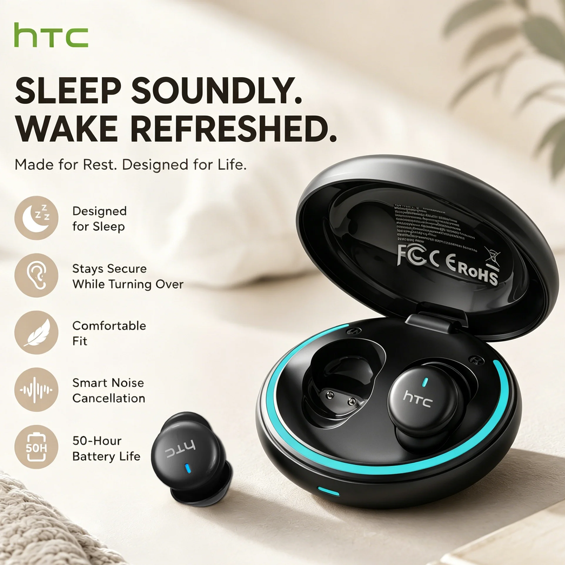 Image of HTC NE92 Schlaf-Ohrhörer, kabellose Bluetooth-Kopfhörer, angenehm zu tragende Kopfhörer, 50 Stunden Wiedergabe, geringe Latenz, klare Klangqualität