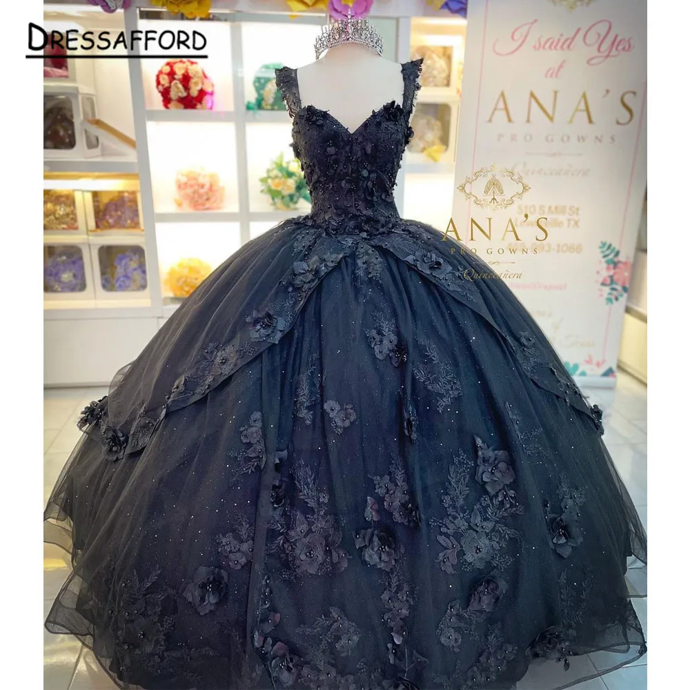 Black Princess Quinceanera Dress Ball Gown 2023 Beaded Party Gown 3D Flower Sweet 16 Dress Vestido De Noiva