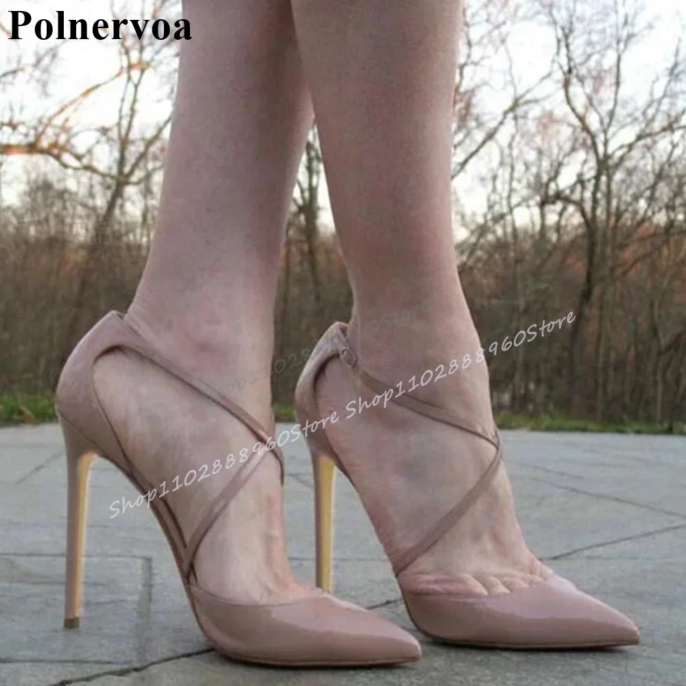 

Nude Patent Leather Cross Band Sandals Thin High Heel Shoes For Women Ankle Buckle Strap Pointed Toe 2025 Zapatos Para Mujere