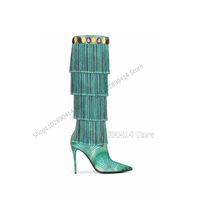 

Crystal Decor Green Tassels Embossment Boots Knee High Women Shoes Thin Hign Heels Pointed Toe Fashion 2023 Zapatos Para Mujere