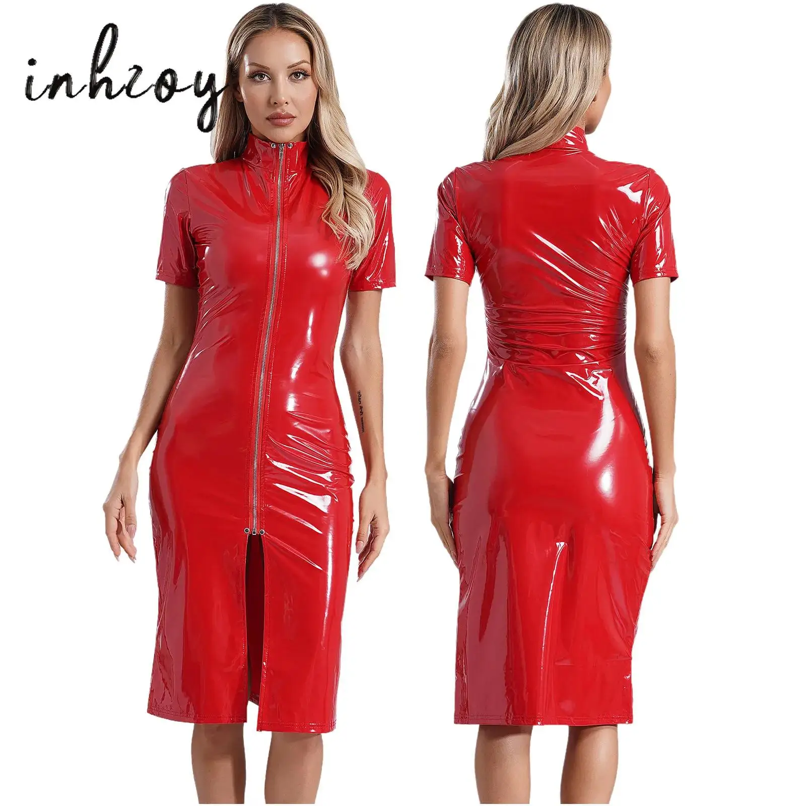 

Women Short Sleeve Front Zipper Split Dress Bodycon Dress Pole Dancewear Clubwear Gothic Punk Style Performance Costume