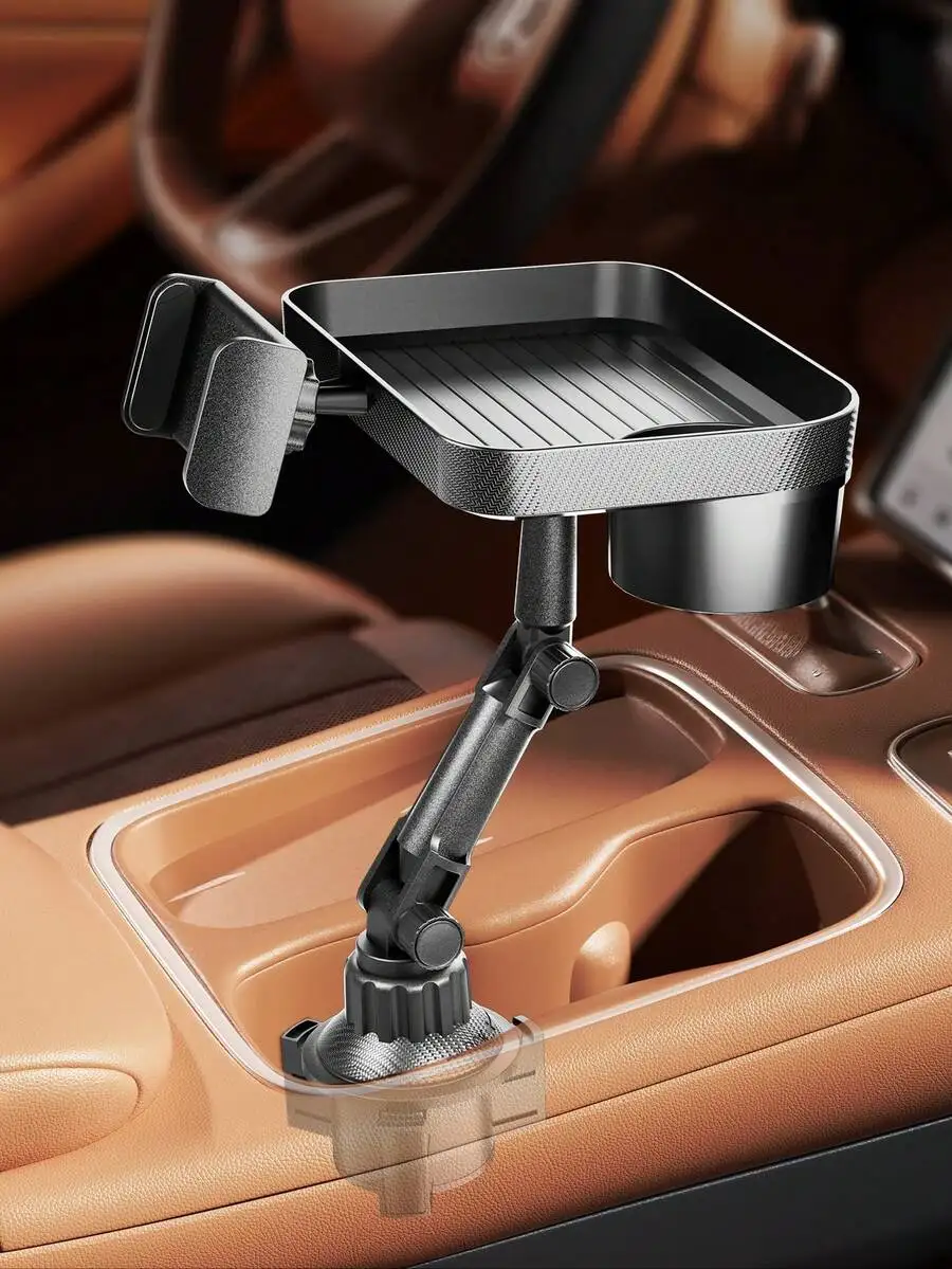 

Versatile 2-In-1 Car Cup Holder With Expandable Tray, Adjustable Phone Mount And Stable Rotating Arm For Universal Dashboard Fit