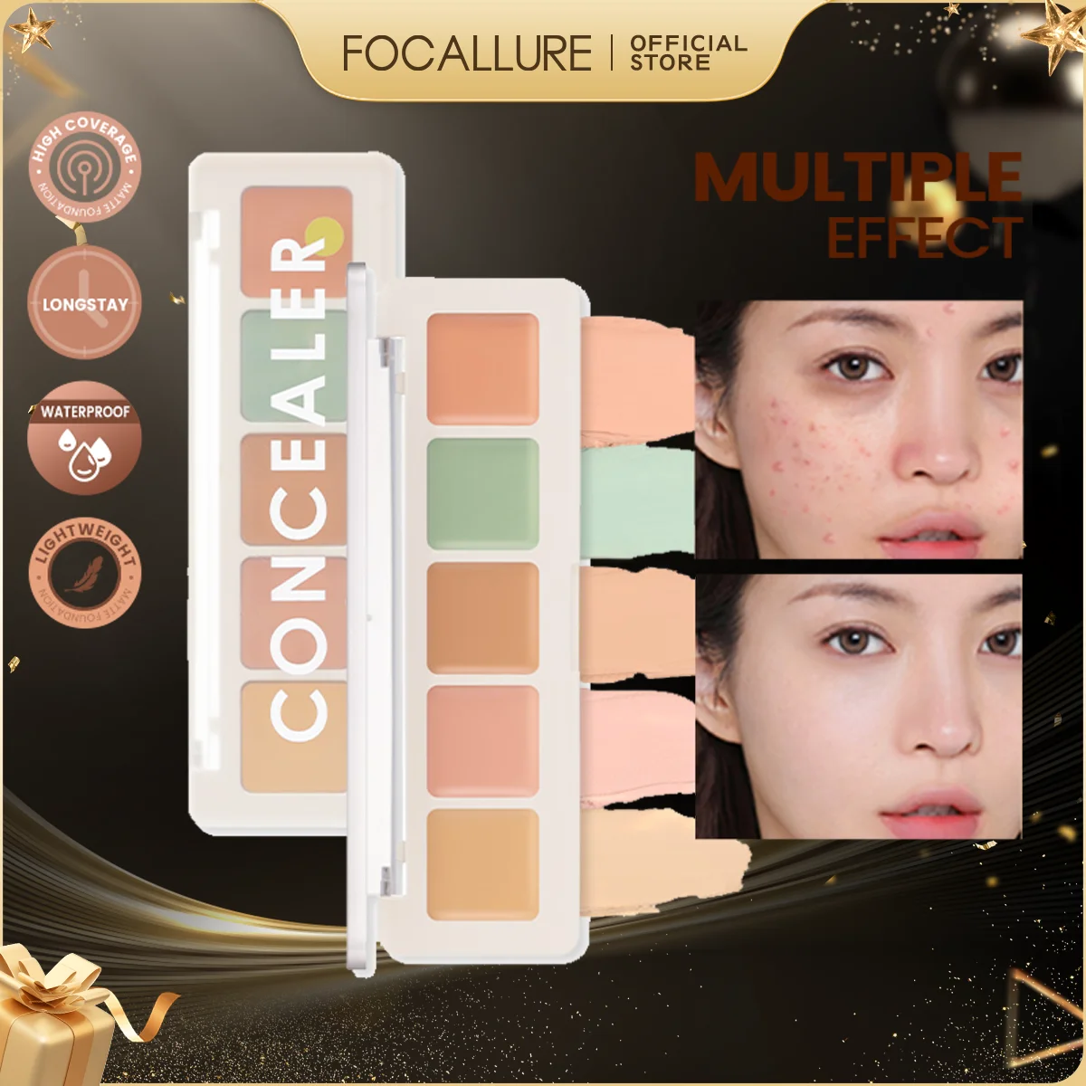 FOCALLURE 5 Colors Face Concealer Palette Waterproof Moisturizing Oil-control Brighten Contour Bronzer Primer Makeup Cosmetics