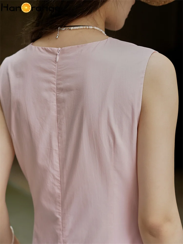 HanOrange 2025 Summer Temperament 3D Pleated Strap Tank Dress Lightweight Breathable 100% Cotton Long Dress Pink/Navy Blue
