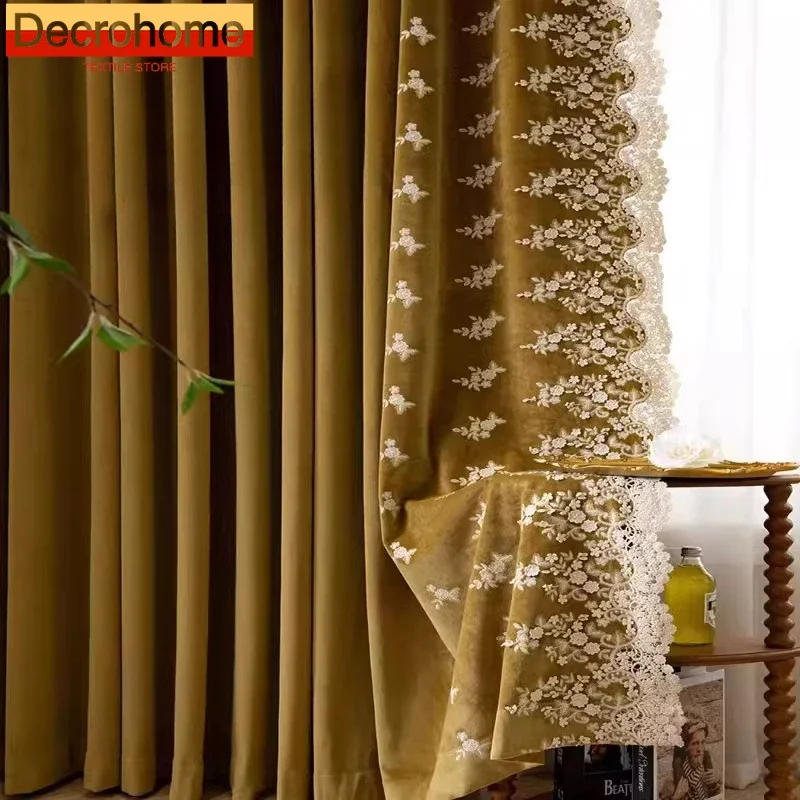 

Luxury Embroidery Velvet Curtains for Living Room Bedroom Yellow French Lace European Blackout American Style Curtains Customize