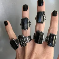 10pcs Raw Black Tourmaline Crystal Gemstone Ring Large Schorl Adjustable Size 5 6 7 8 Goth Witch Wicca Boho Women Jewelry