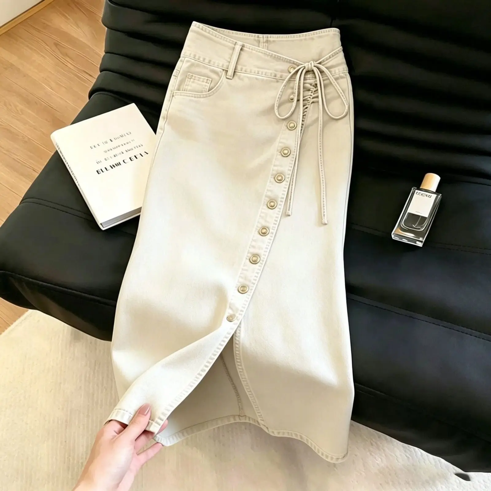 Off-white Breasted Split Strap Long Denim Skirt Women Fashion A-shaped Skirt