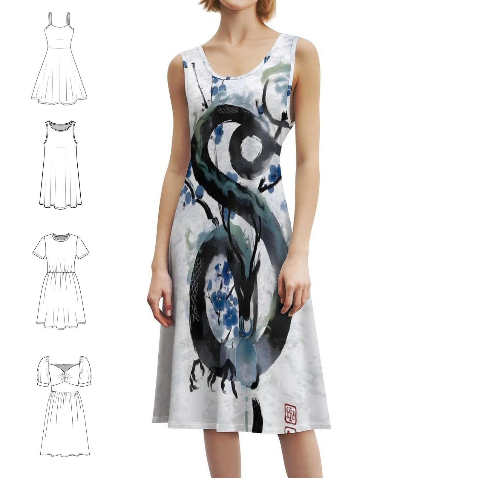 Japanese Blue Night Dragon Ink Wash Women's Streetwear Party Dress Trendy Print Club Clothing For Female Japanese Japan Tattoo