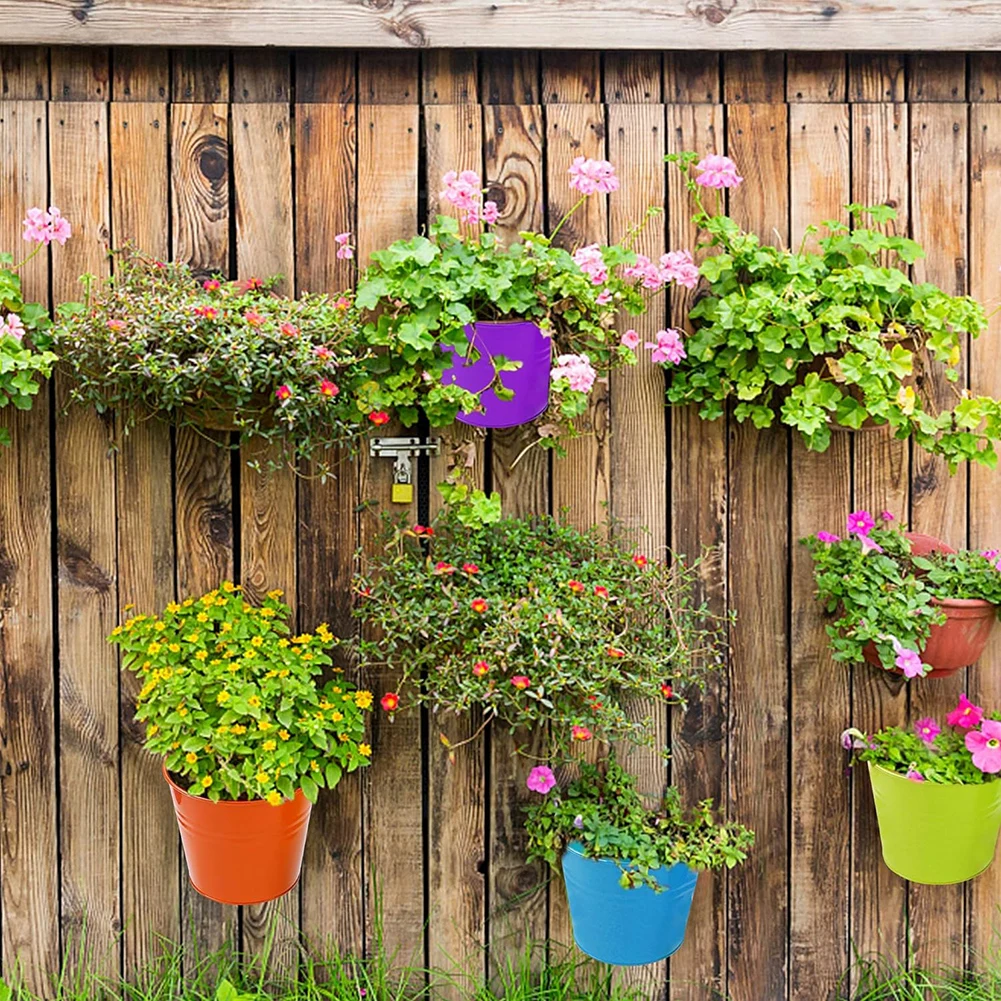 10 Piece Metal Iron Hanging Flower Pots,Balcony Planter with Detachable Hook, Durable Herb Pots Perfect for Fence,4 inches Multi