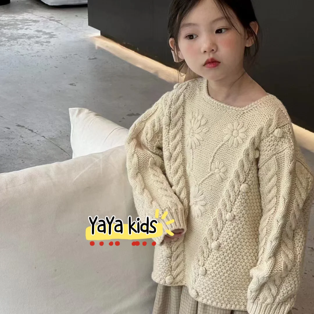 Girls Sweater 2024 Autumn New Childrens Clothing Korean Style Hand-hooked Flower Sweater High-grade Casual Simple Match