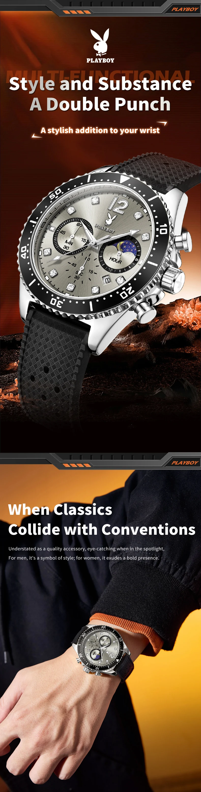 PLAYBOY 3515 Luxus Herrenuhr Mode Silikonarmband Chronograph Mondphase Herrenuhr Marken-Original Quarz-Armbanduhr für Männer – Detail 2