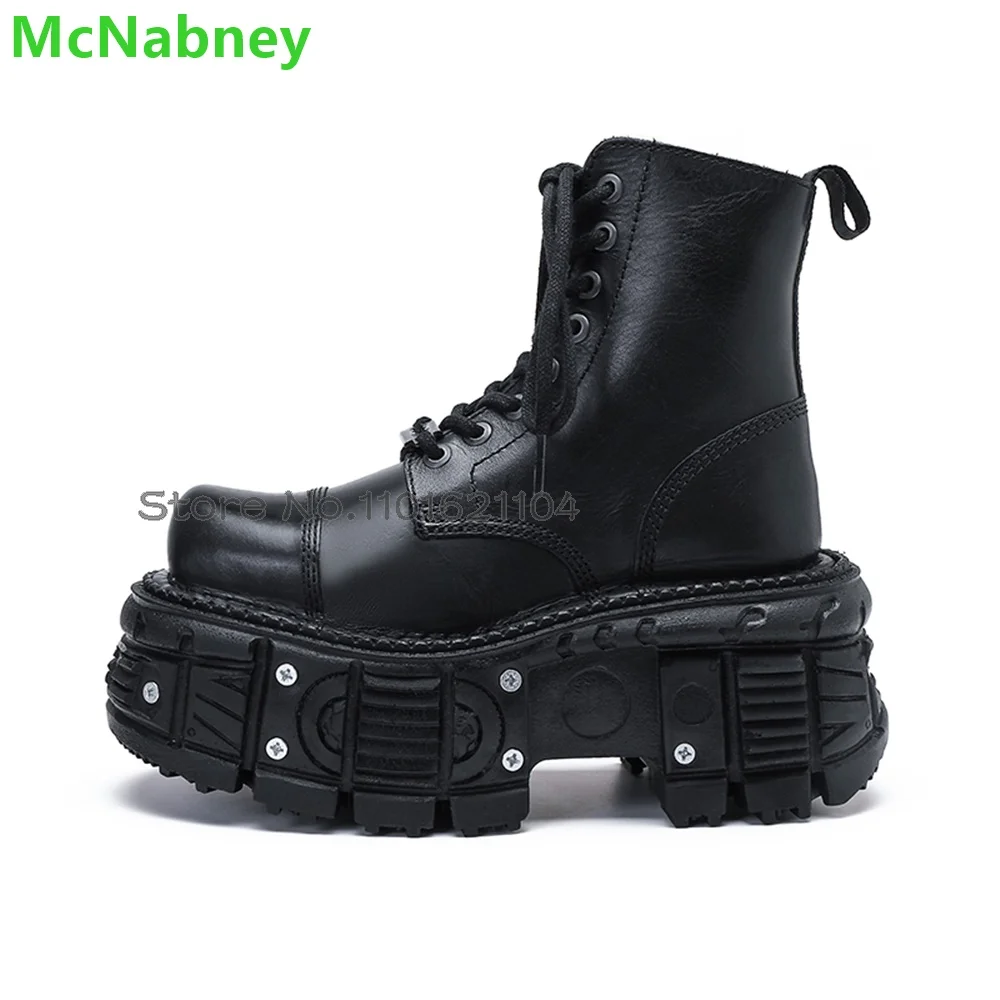 

Black Thick Sole Lace-up Short Boots For Female Women 2024 New Round Toe Leather Fabric Metal Buckle Design All-match Shoes