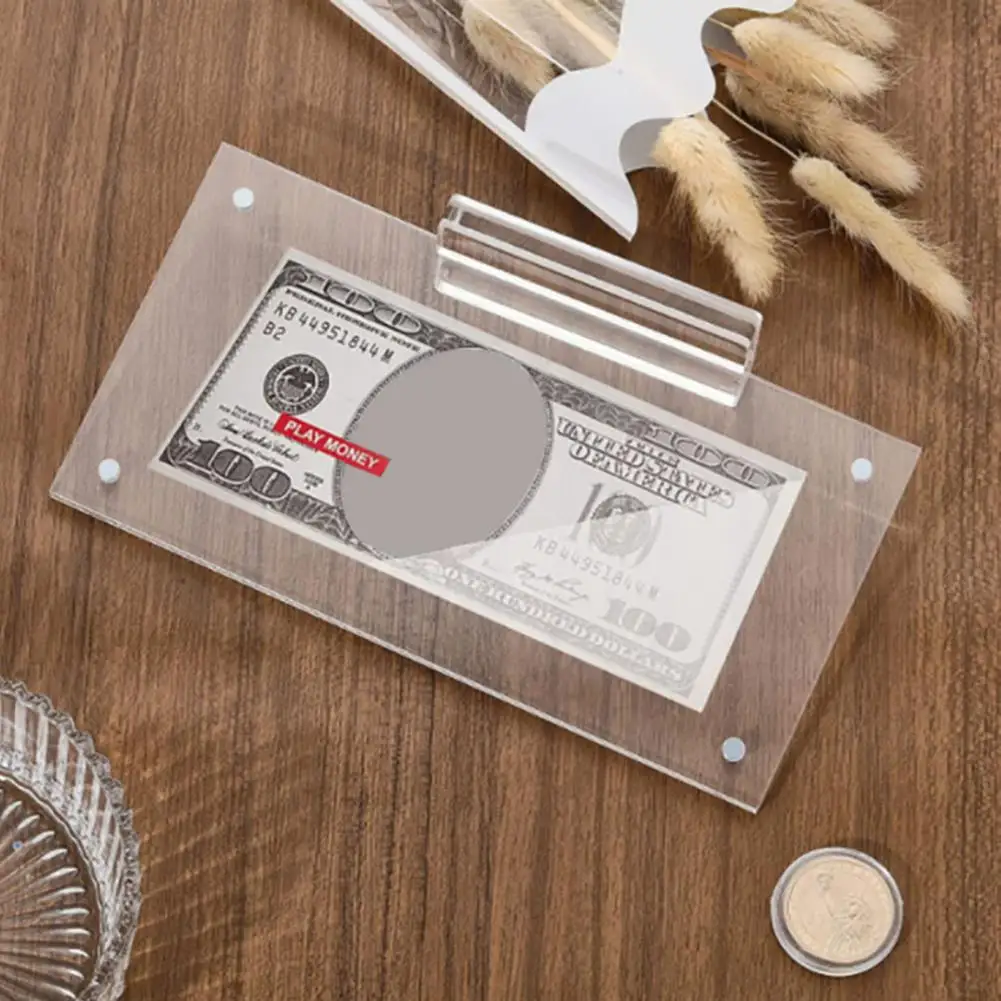 Money Display Holder Double Sided Acrylic Money Frame with Base for Desktop Display Transparent Holder for Smooth Edge Design