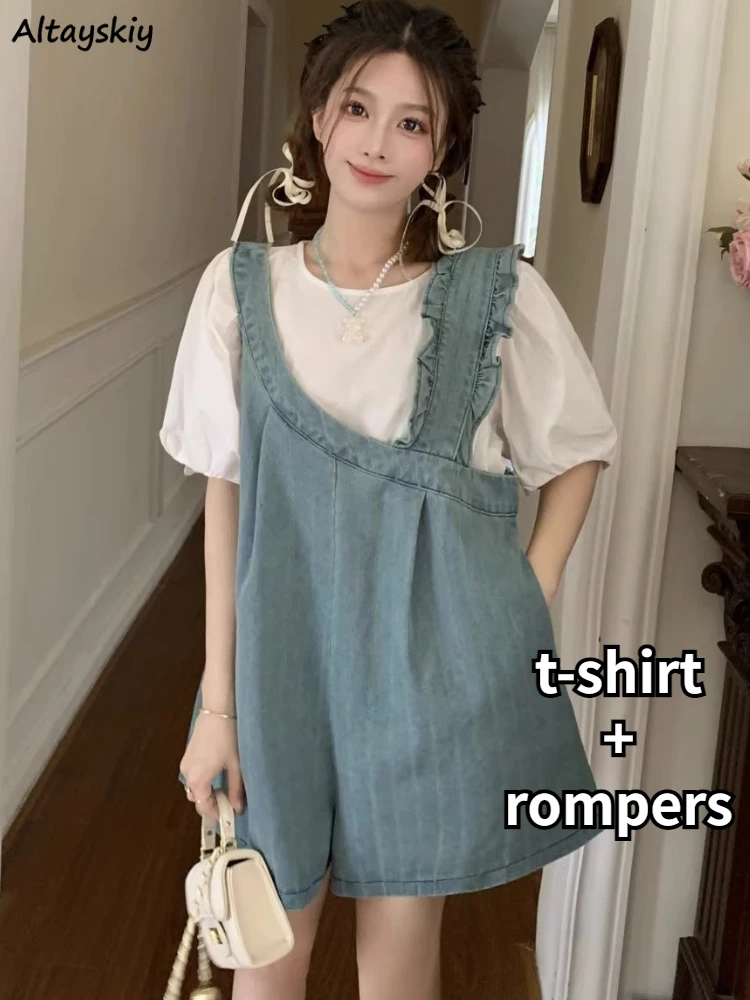 2 Pcs Sets Women Casual Harajuku Students Summer T-shirts Denim Irregular Rompers Popular Loose Korean Style Sweet Age-reducing