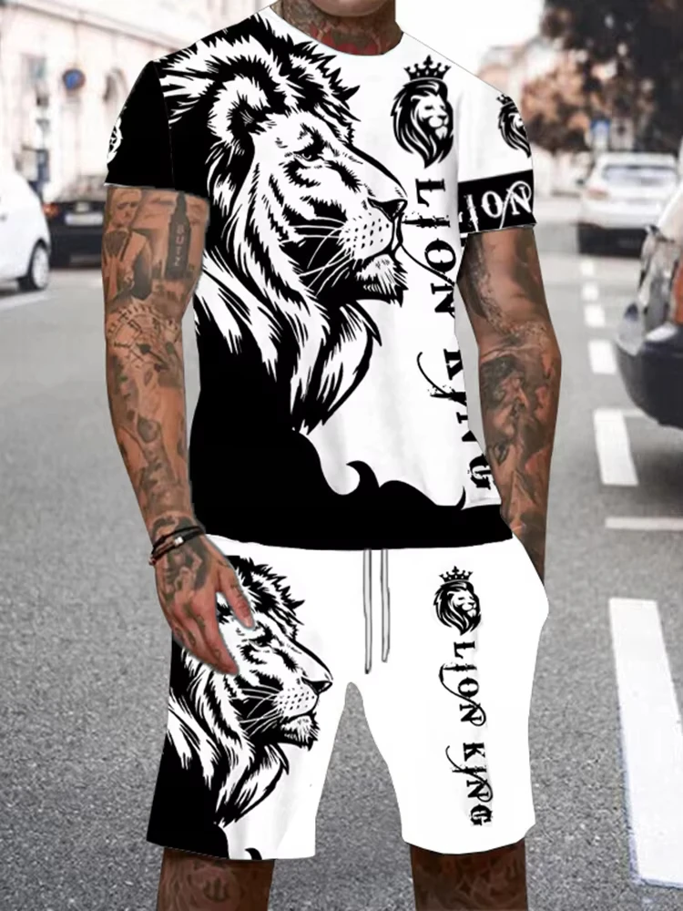 Summer Men Short Sleeve+ Shorts 2PCS Set Cool The Lion King 3D Print Kid T-Shirt +Drawstring Short Set Men's Set Clothing