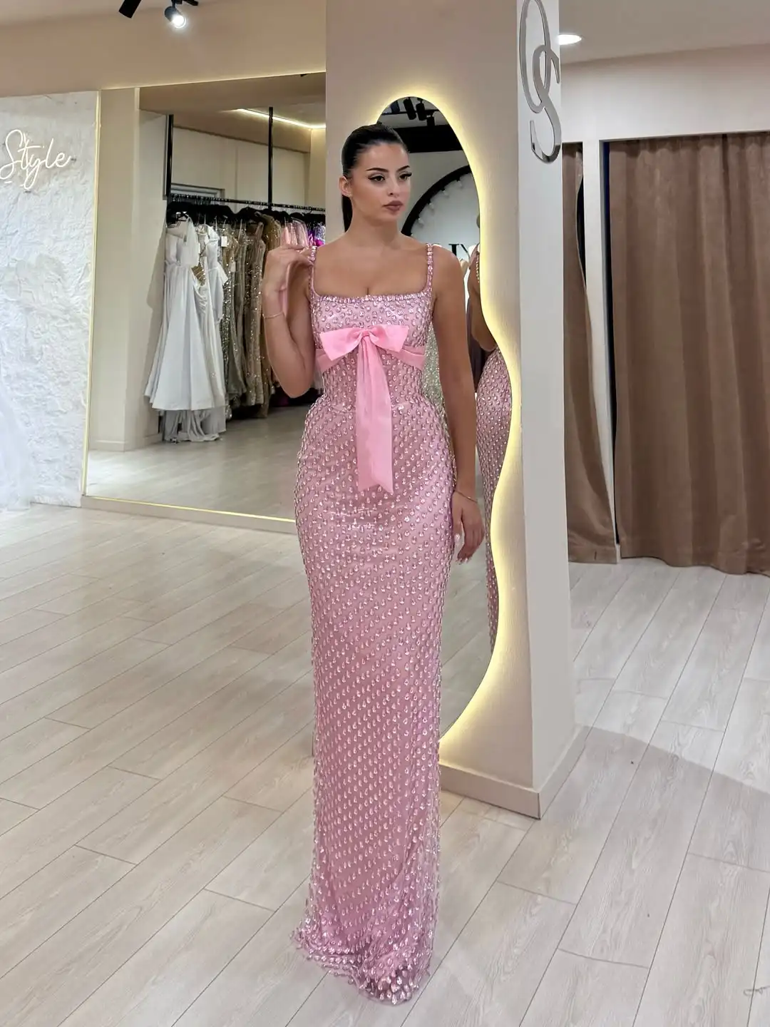 تصميم جديد السباغيتي الأشرطة الديكور كريستال مساء اللباس القوس الكبير فستان حورية البحر مع شال الوردي فستان الأميرة مثير #6