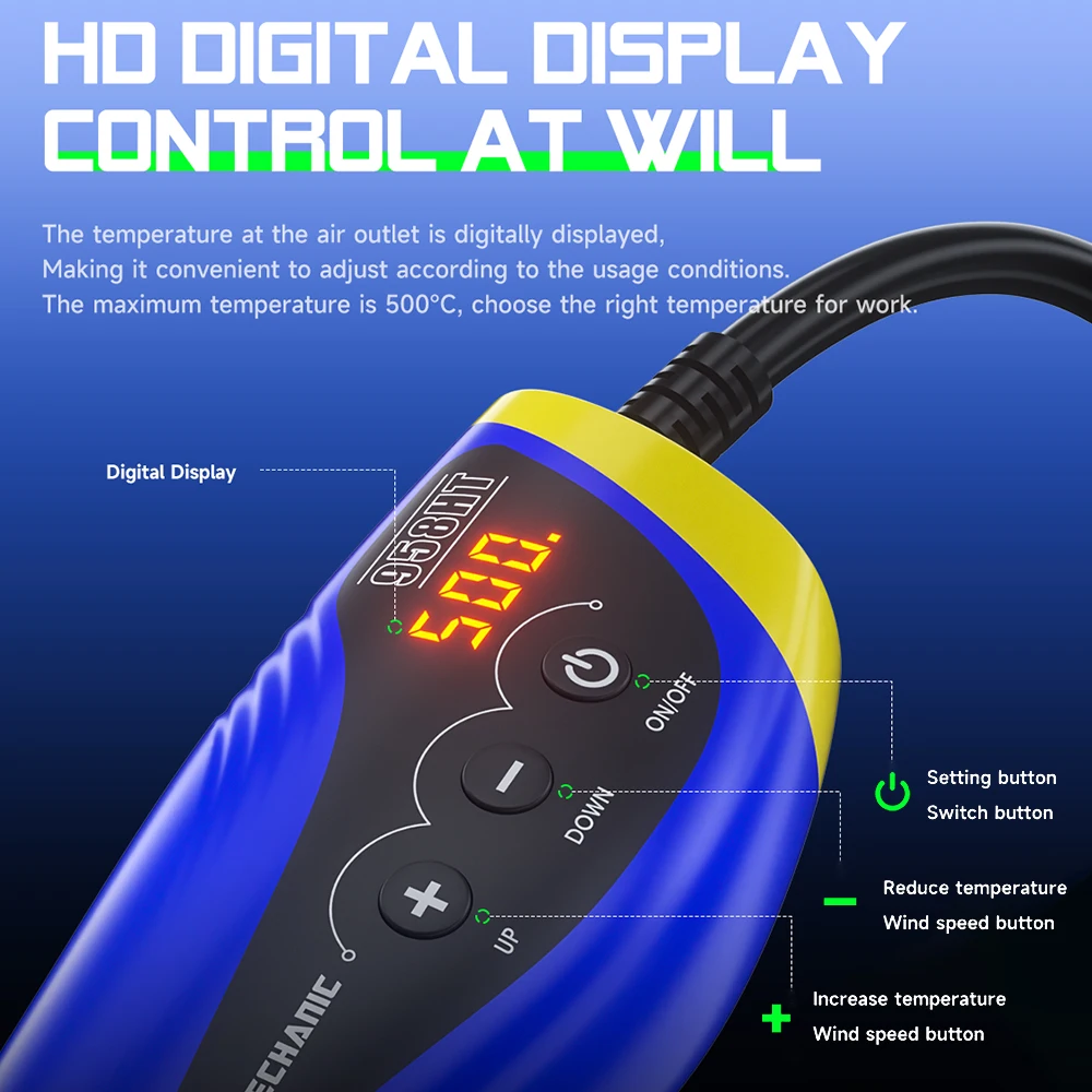 MECHANIC HT-958 Portable Digital Display Hot Air Gun for Mobile Phone Electronic Motherboard Repair Heating Chip Removal Tool