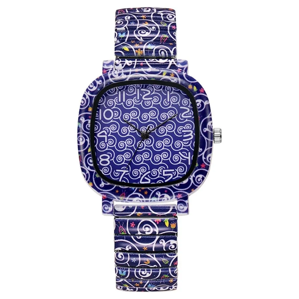 Stainless Steel Quartz Bracelet Watch Elastic Floral Printed Square Wristwatch Colorful Rainbow Gradient Stretch Strap Watch