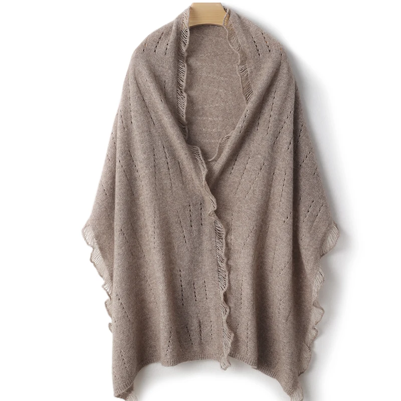 100% Cashmere Scarf for Women, Dual-use Shawl with Tassels, Hollow Long Versatile Knitted Neck Warmer, Silky and Warm