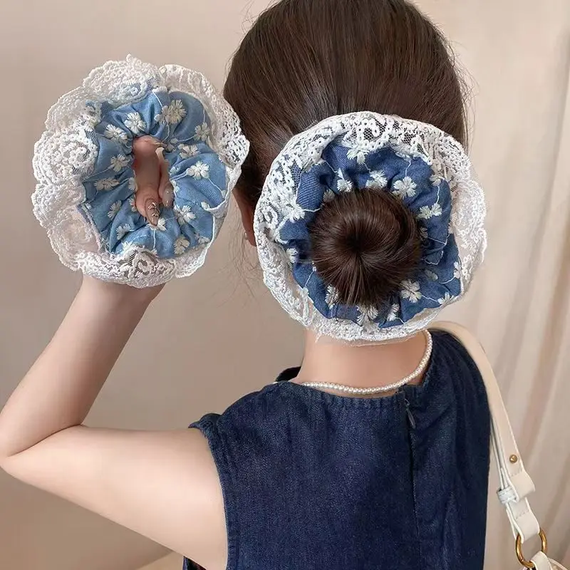 

Pastoral Style Lace Embroidered Large Intestine Hair Circle women's Floral Fabric Head Rope Hair Ring Hair Accessories