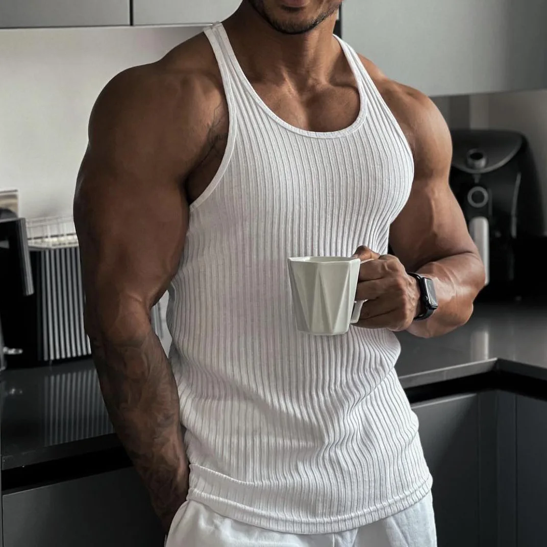 Pit Stripes Knitted Y Back Fitness Tank Tops Mens Bodybuilding Stringer Singlets Slim Fit Muscle Sleeveless Shirt Gym Clothing