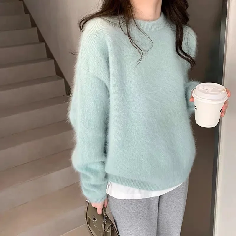 Soft Supplue Angora Pink Sweater Women's Idle Style High-End Feel Thickened Knit Top Autumn/Winter 2024 New Model Crew Neck