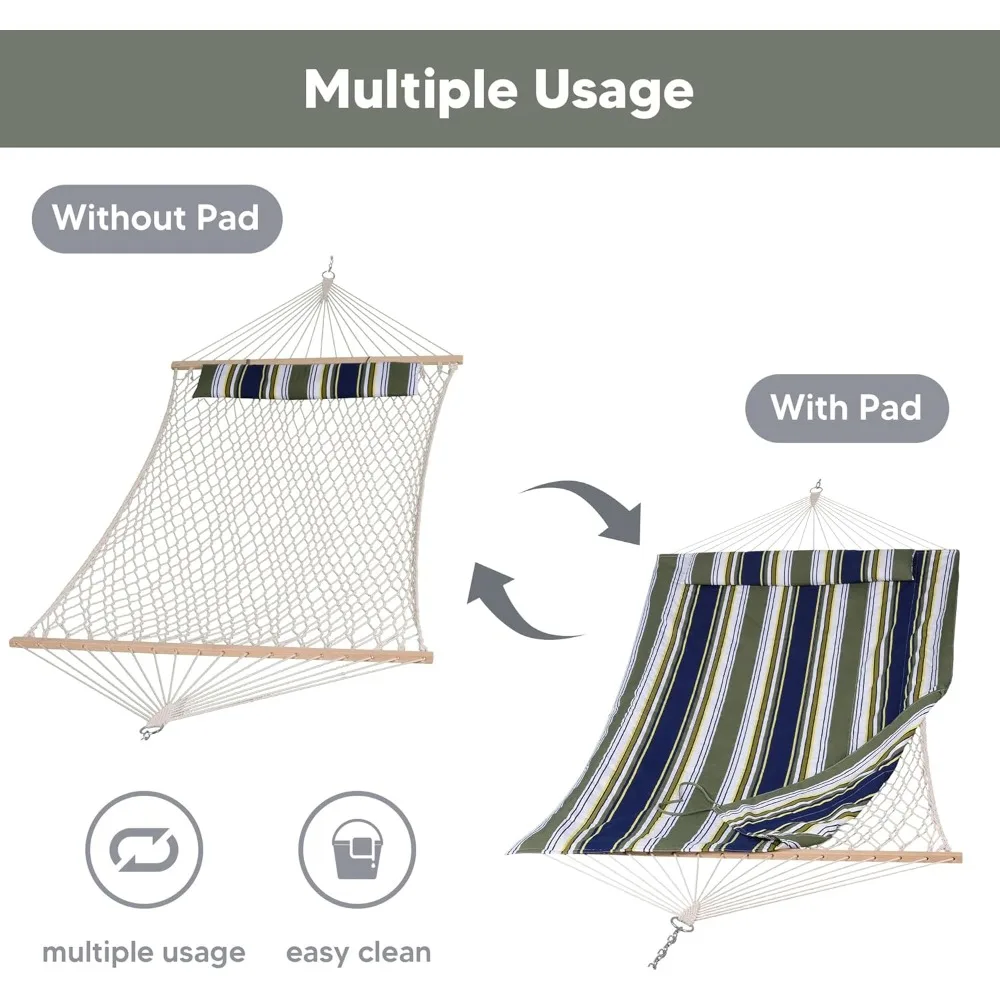 أرجوحة مزدوجة من حبل القطن للاستخدام الخارجي مع وسادة بوليستر، أزرق وأكوا، وشملت شريط توزيع الخشب الصلب، مثالية للاسترخاء وC