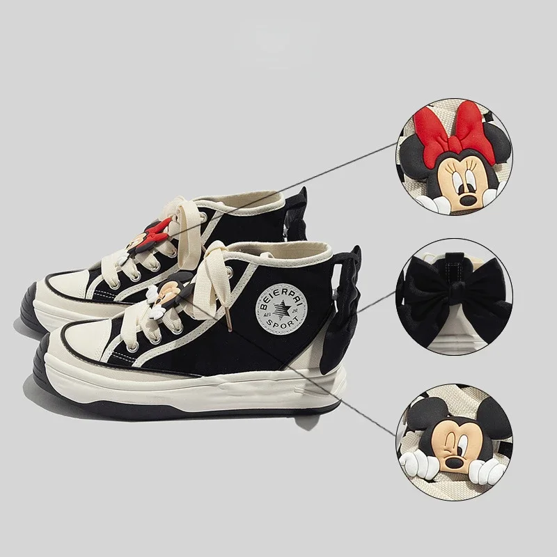 Disney Mickey Minnie Women Canvas Shoes Cartoon Fashion Hight Cut Vulcanized Shoes Non-slip Girls Student Sports Shoes Sneakers