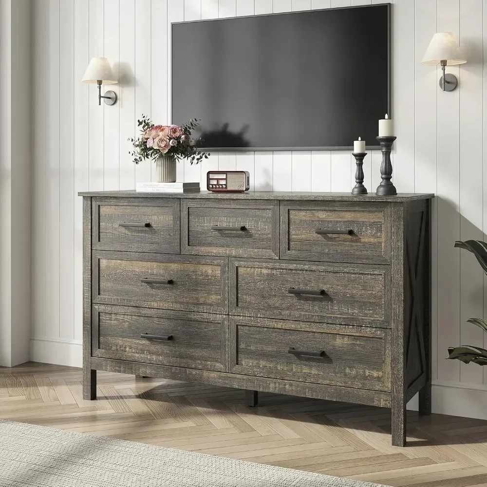 

Farmhouse 7 Drawers Dresser for Bedroom, Wood Rustic Wide Chest with Natural Texture, Wood Dressers for Bedroom, Hallway