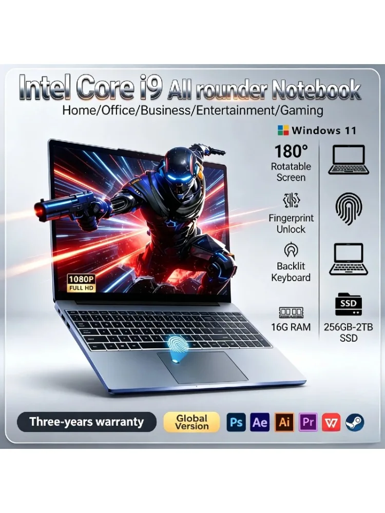 Neuer 15,6-Zoll-Gaming-Laptop Intel Core i9 9900 32GB RAM 2TB SSD Windows 11 Pro Tastatur mit Hintergrundbeleuchtung, entsperrbar, ultradünnes Notebook für das Büro.
