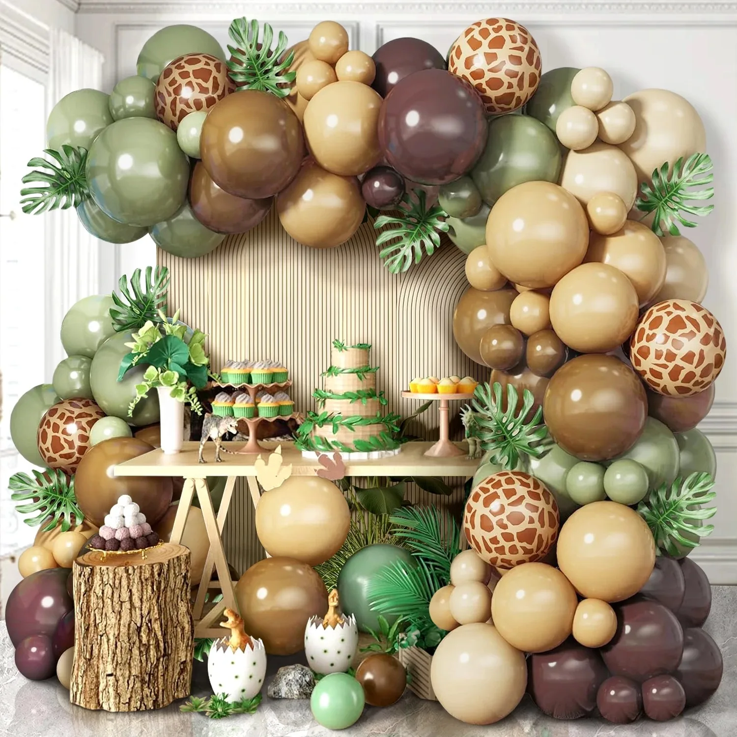 129-teiliges Ballon-Girlanden-Set im Wildtier-Stil in Salbeigrün und Braun mit Blättern für Dschungel-Safari, Outdoor-Geburtstagsfeier-Dekorationen