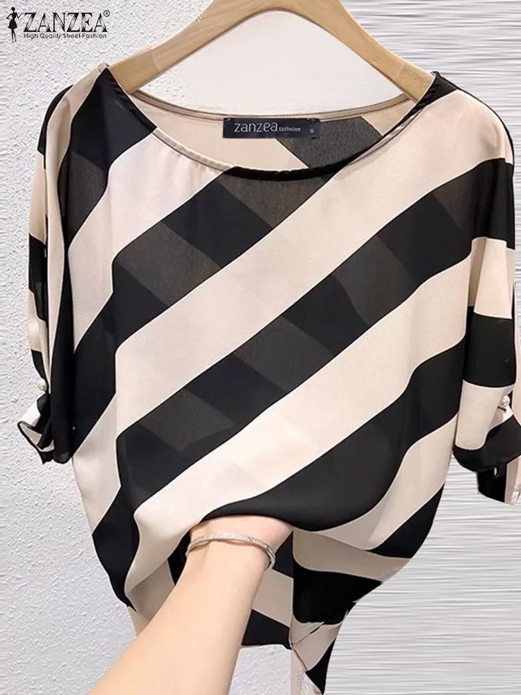 ZANZEA Women Fashion Stripe Tunic Tops Summer Loose Short Sleeve Tops Korean Harajuku Oversized Blouse Casual Streetwear Shirt