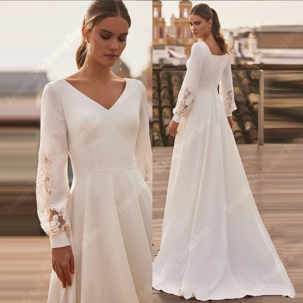 

2025 Elegant Long Sleeves Women Wedding Dresses Simple V-Neck A-Line Gown Princess Party Mopping Length Bright Satin Fabric Robe