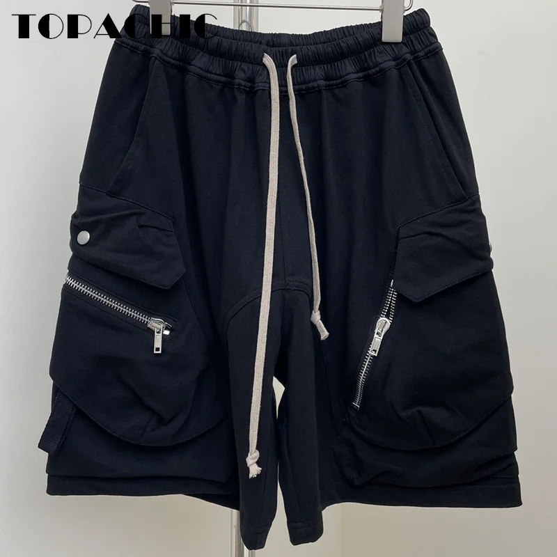 

8.28 TOPACHIC-Women Loose Casual Multiple Pocket Zipper Design Knee-Length Pants Drawstring Elastic Waist Cotton Shorts