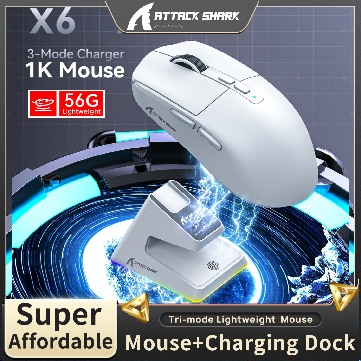 

Легкая игровая мышь Attack Shark X6 с тремя режимами, 56 г, с магнитной зарядной док-станцией RGB, PAW3395, 6-уровневая регулировка 26000 точек на дюйм