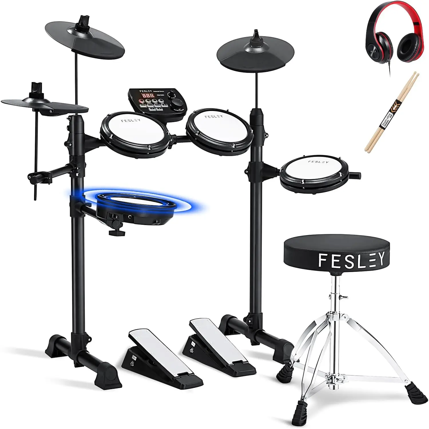 Fesley FED150W Electric Drum Set: Electronic Drum Set with 4 Quiet Mesh Drum Pads,Dual Zone Snare Drum, Portable Drum Set