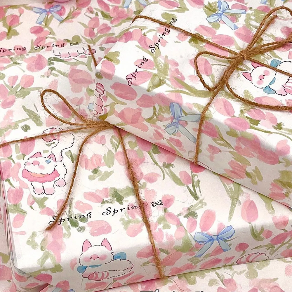 

Декоративная упаковочная бумага с тюльпанами, милый цветочный узор, сине-розовая подарочная бумага для праздников и букетов