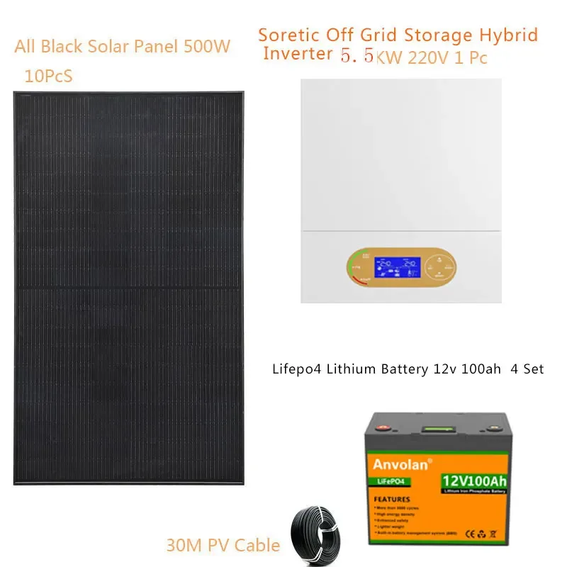 Sola Kit Complete With Lifepo4 Lithium Solar Battery 5KWH 5000W 110V 220V Hybrid Inverter Home Off Grid Car Camping Caravan